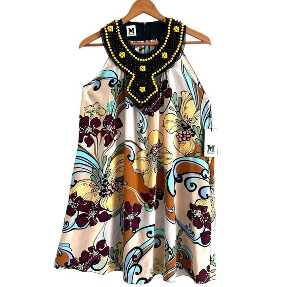 NWT M Missoni Silk Floral A line Mini Dress 42 Sz 6 Beaded Neck 70s Boho Resort - Picture 1 of 15